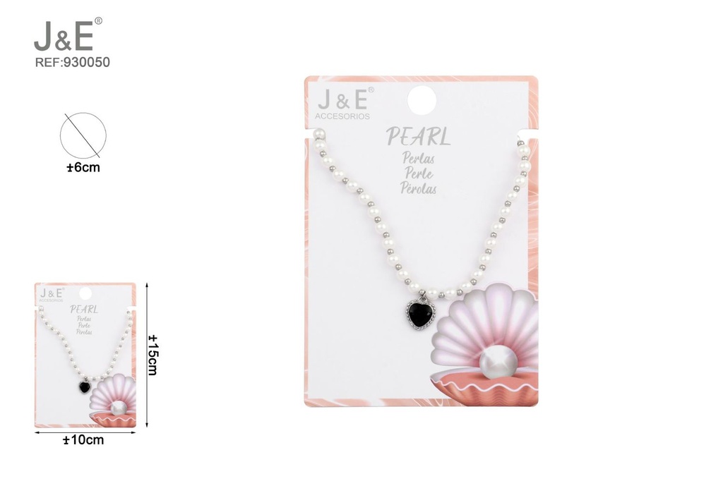 [6u/cx]Collar de perlas corazón negro - Tamaño 6, color blanco K