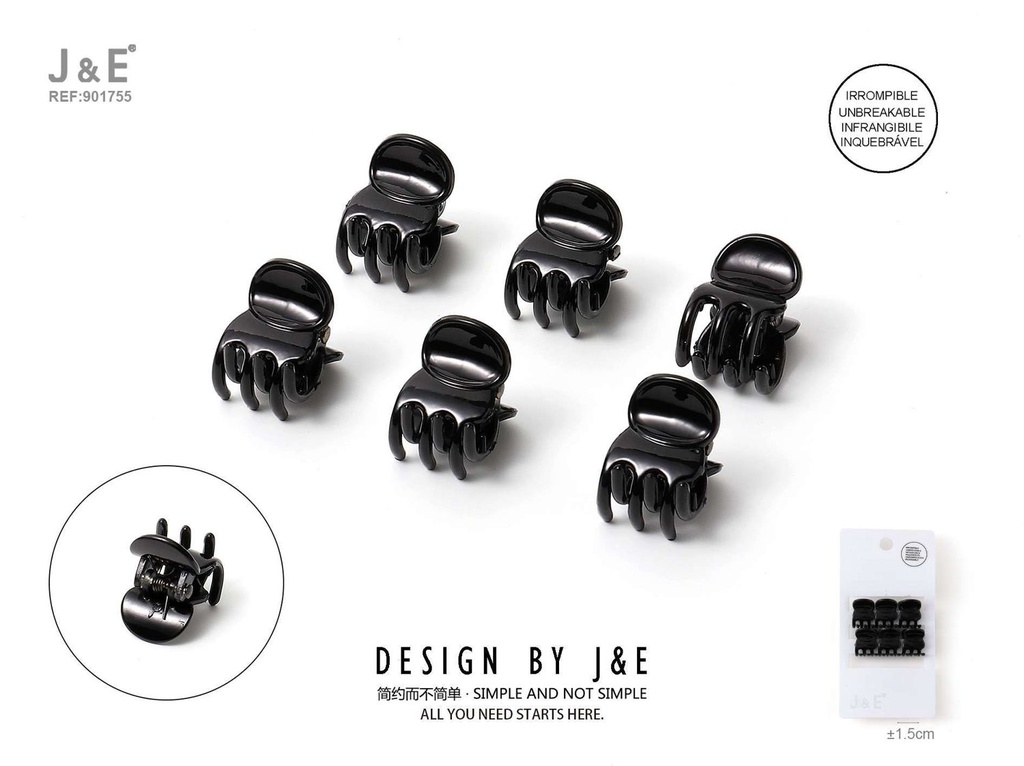 [12u/cx]Set de 6 pinzas pequeñas negras 1.5 cm