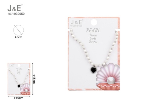 [930050] [6u/cx]Collar de perlas corazón negro - Tamaño 6, color blanco K