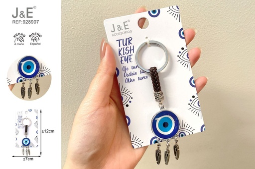 [928907] [12u/cx]Llavero con cordón, atrapasueños y vidrio en ojo azul 30mm