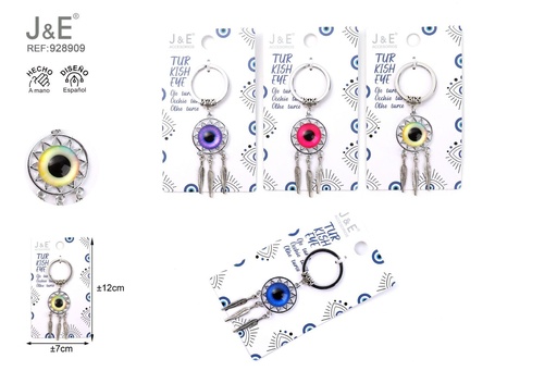 [928909] [12u/cx]Llavero con cordón, atrapasueños y vidrio en ojo multicolor 30mm